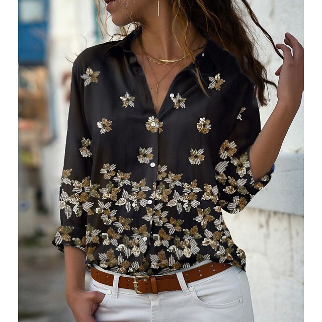  Women's Shirt Blouse Black Button Print Floral Casual Holiday Long Sleeve Shirt Collar Basic Regular Floral S