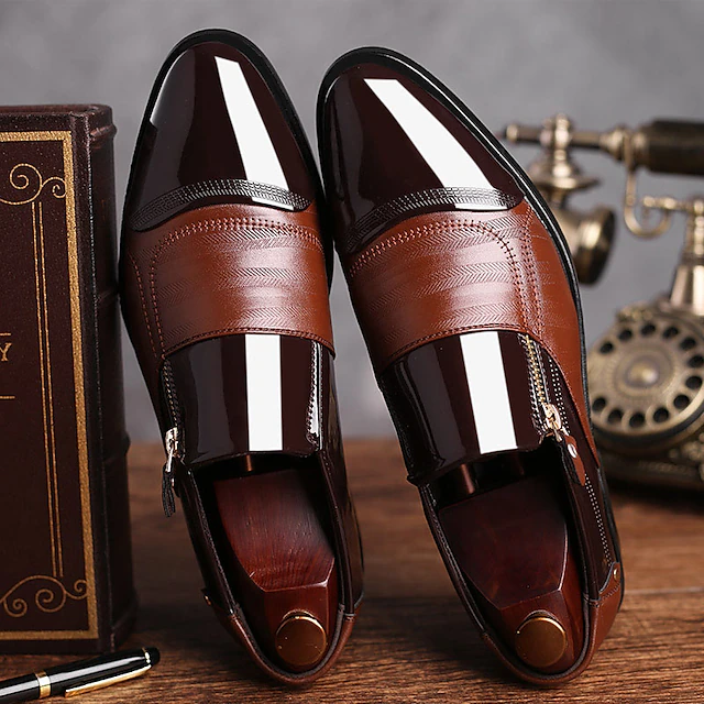 Men's Patent Faux Leather Business Dress Shoes with Zipper Detail and Glossy Finish 7