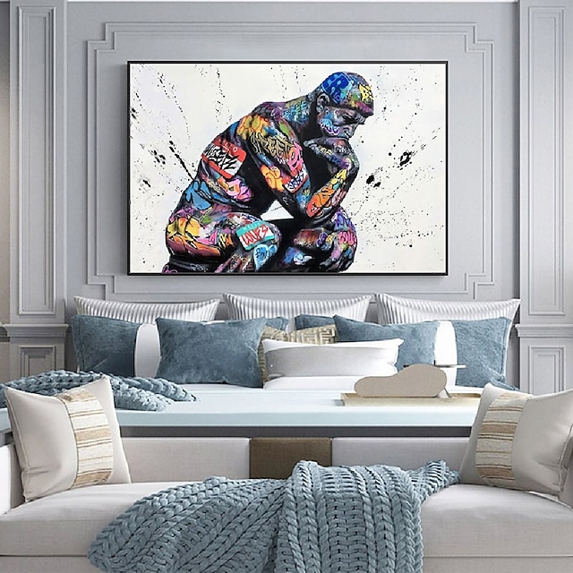  Handmade Hand Painted Oil Painting Wall Modern Abstract Painting Thinking Man Graffiti Canvas Painting Home Decoration Decor Rolled Canvas No Frame Unstretched