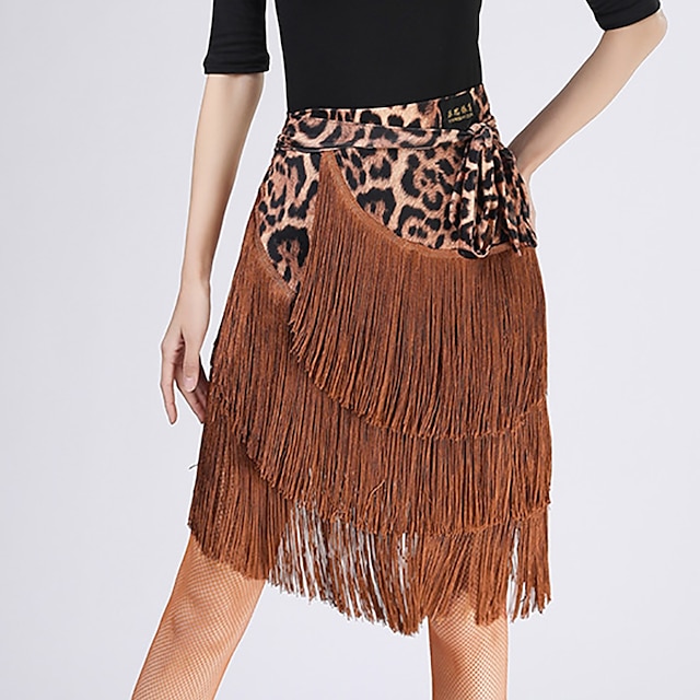  Latin Dance Skirts Leopard Print Printing Fringed Tassel Women‘s Performance Training High Polyester