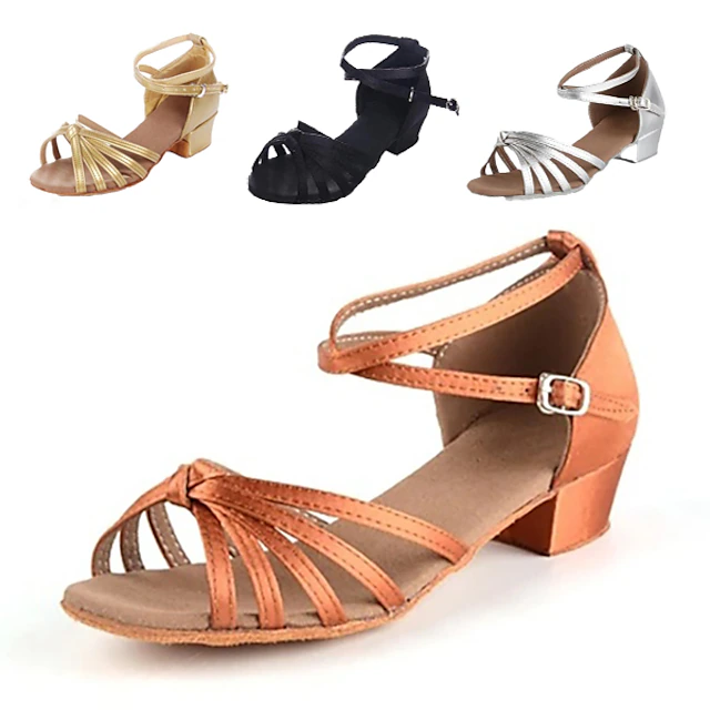 Women's Latin Shoes Dance Shoes Performance Indoor Satin Basic Heel Thick Heel Silver Black Gold 12
