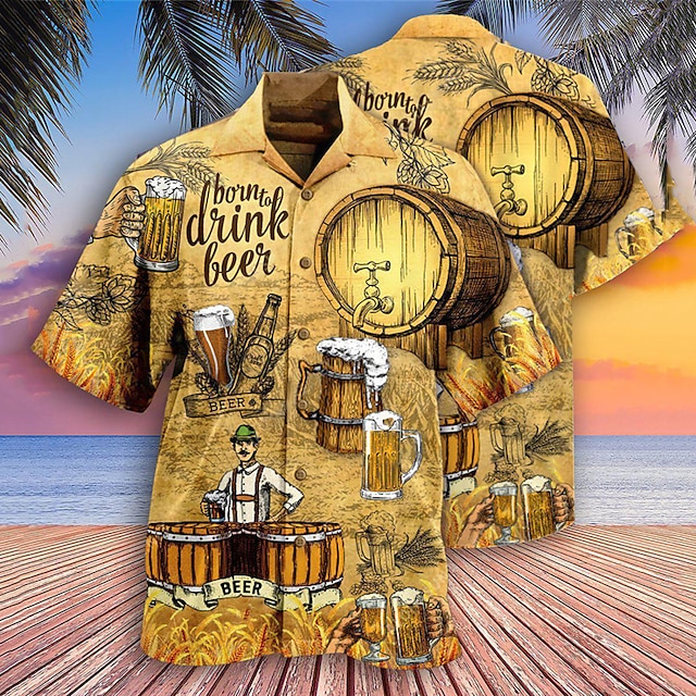  Herre Skjorte Hawaii skjorte Grafiske tryk Øl Aftæpning Lysegul Sort Gul Guld Grøn Afslappet Hawaiiansk Kortærmet Trykt mønster Knap ned Tøj Tropisk Mode Hawaiiansk Blødt