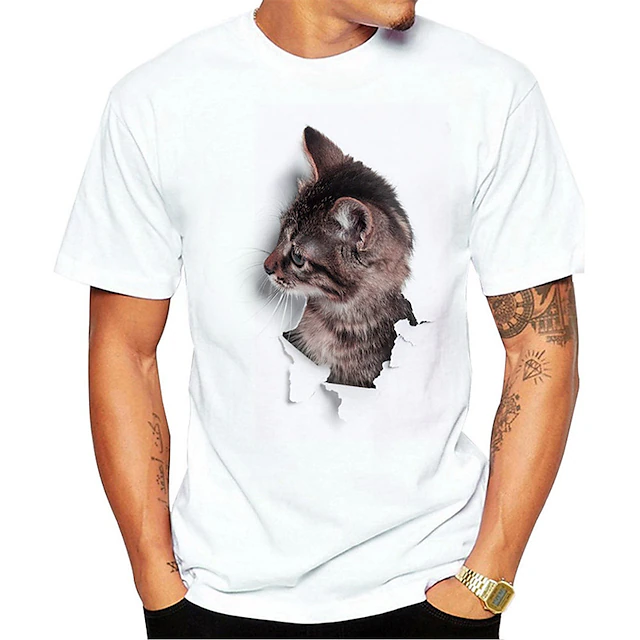 Men's Cool DJ Cat Graphic T-Shirt with Headphones & Sunglasses, White Short Sleeve Tee 24