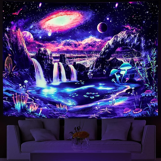  Blacklight Tapestry UV Reactive Wonderland Trippy Misty Mushroom Nature Landscape Wall Hanging for Living Room