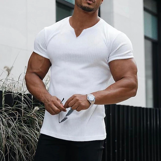 Men's T Shirt Muscle Shirt Ribbed Knit tee Short Sleeve V Neck Summer Plain Fashion Designer Casual Print Street Sports Holiday Black White Pink Top Tee for Men 7