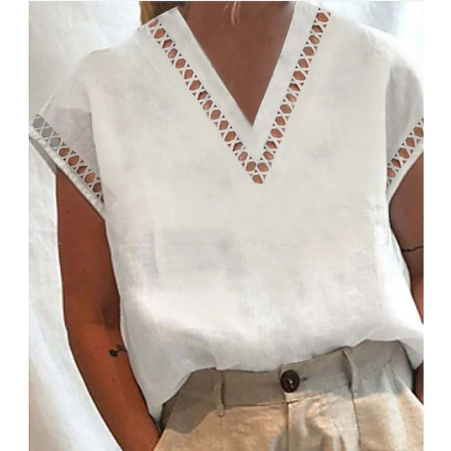  Damen Hemd Bluse Weiß Ausgeschnitten Glatt Casual Kurzarm V Ausschnitt Basic Standard S