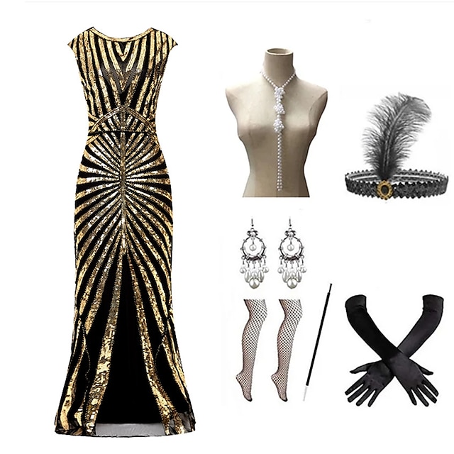  Den store Gatsby Lång längd Flapper-klänning Klänningar Kläder Den store Gatsby Bröllopsgäst Paljetter Paljett Maskeradkläder Dam Maskerad Festkvällskläder Fest / afton Bröllopsfest Vuxna Klänning