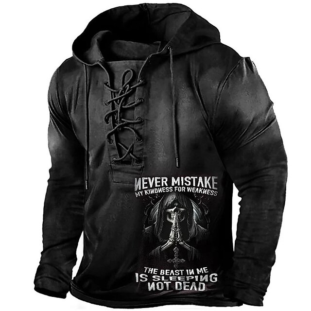 Men's Skull Letter Graphic Prints Hoodie Hoodies Sweatshirt Streetwear Designer Long Sleeve Hooded Casual Daily Sports Black Lace up Print Spring &  Fall Designer2