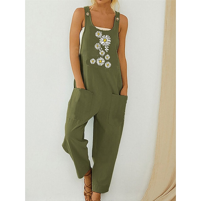  Women's Overall Button Pocket Floral U Neck Streetwear Daily Vacation Regular Fit Sleeveless Blue Green Gray S M L Spring