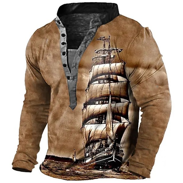  Ship Vintage Mens 3D Shirt Casual | Brown Winter Cotton | Men'S Henley Tee Graphic Pirate Summer Outdoor Comfortable Stylish Long Sleeve Button Down 3D Print Fashion