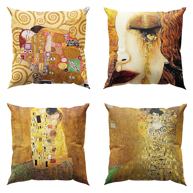  Famous Painting Double Side Pillow Cover 4PC Gustav Klimt Soft Decorative Square Cushion Case Pillowcase for Bedroom Livingroom Sofa Couch Chair