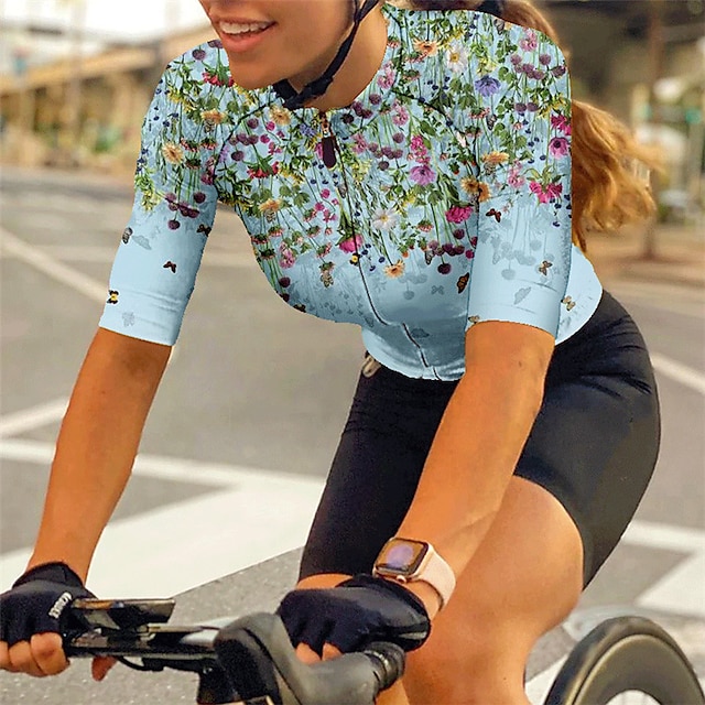  21Grams 女性用 サイクリングジャージー 半袖 バイク トップス 3つのリアポケット付き マウンテンサイクリング ロードバイク 高通気性 吸汗性 速乾性 反射性ストリップ イエロー ピンク レッド グラフィック 花 植物 スポーツ 衣類