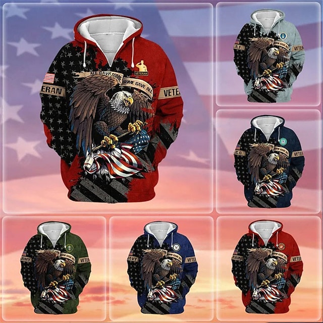  Men's Full Zip Hoodie Jacket Wine Red Yellow Red Navy Blue Blue Hooded Graphic Prints Eagle National Flag Zipper Print Sports & Outdoor Daily Sports 3D Print Streetwear Designer Casual Spring &  Fall
