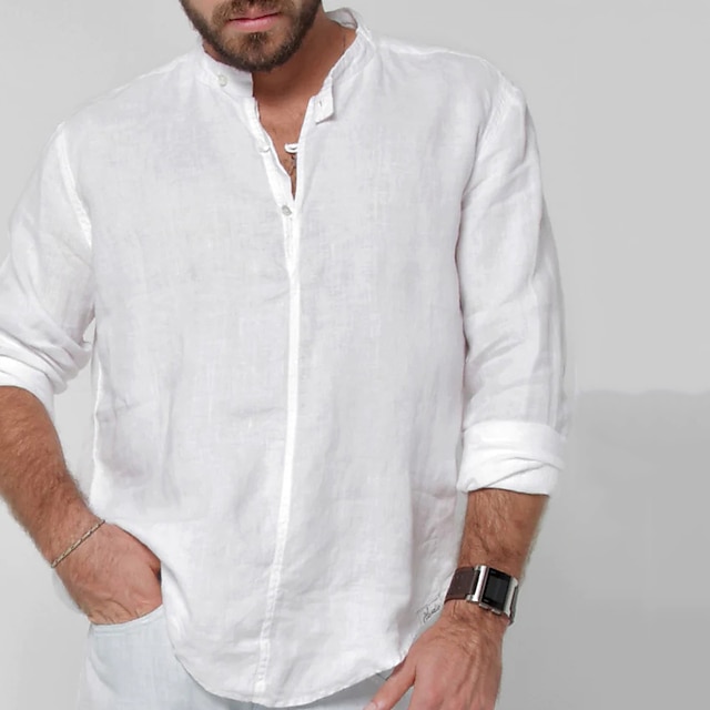 Men's Linen Shirt Summer Shirt Beach Shirt White Blue Long Sleeve Plain ...