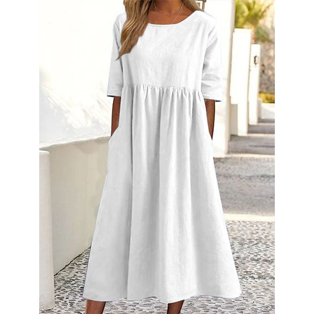 Women's A Line Dress Maxi Dress Cotton Linen Pocket Smocked Basic ...