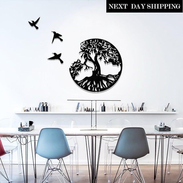  Baum des Lebens Metallwandkunst mit Vögeln, schwarze Wanddekoration aus Metall mit Vögeln für Wohnzimmer, Badezimmer, Küche