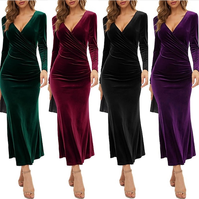  Women‘s Cocktail Party Dress Wedding Guest Dress Velvet Dress Green Long Dress Maxi Dress Green Purple Wine Black Long Sleeve Pure Color Winter Fall V Neck Elegant Sexy Mature Fall Dress Winter Dress