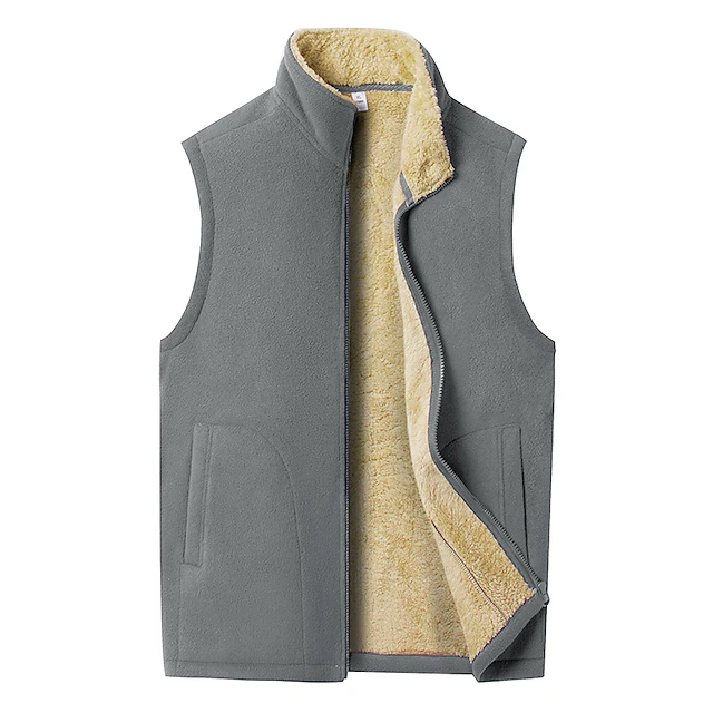 Men's Fleece Vest Teddy Coat Vest Polar Fleece Gilet Outdoor Going out Streetwear Casual Fall Winter Pocket Quilted Polyester Windproof Warm Solid Color Zipper Stand Collar Regular Fit Black Gray Vest 6