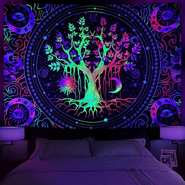  blacklight tapestry uv reactive trippy tree of life mandala vægophæng til stuen