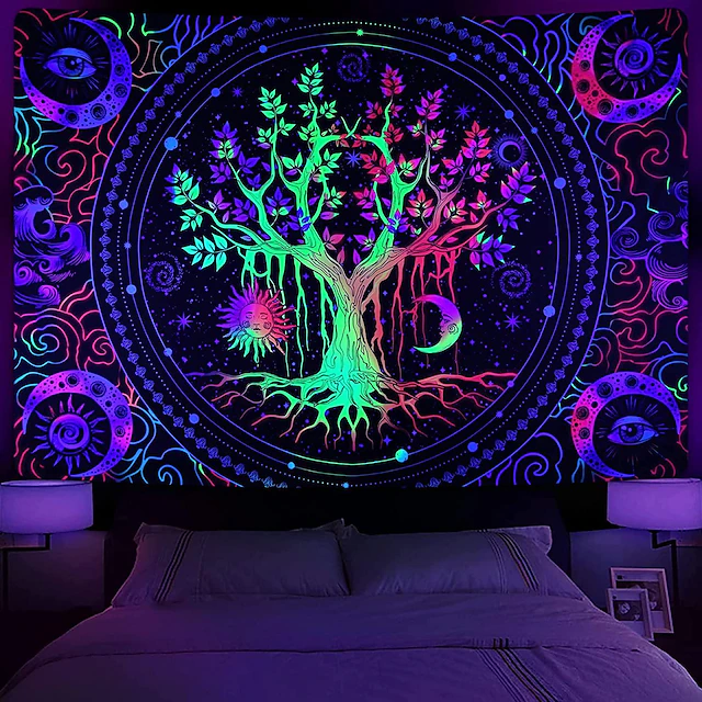 Blacklight Tapestry UV Reactive Glow in the Dark Glow Party Neon Tree of Life Mandala Psychedelic Trippy Misty Hanging Tapestry Wall Art Mural for Living Room Bedroom 16