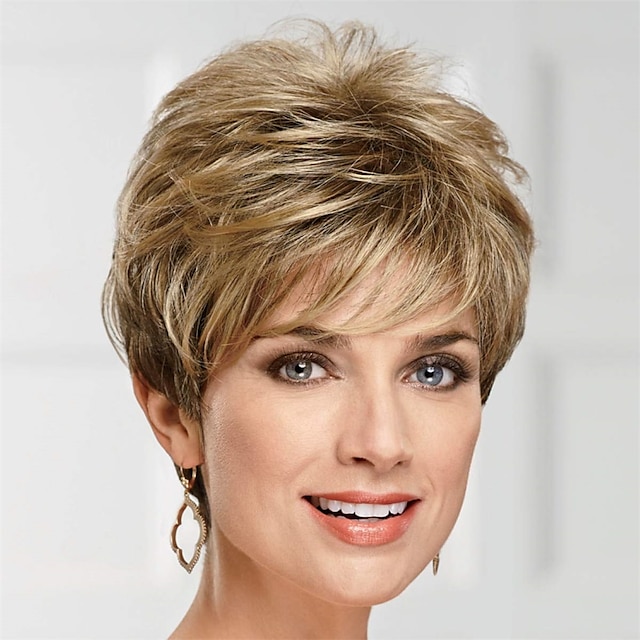  Short Pixie Wig with Richly Texturized Piecey Layers and Wispy Side-Swept Bangs / Multi-tonal Shades of Blonde Silver Brown and Red