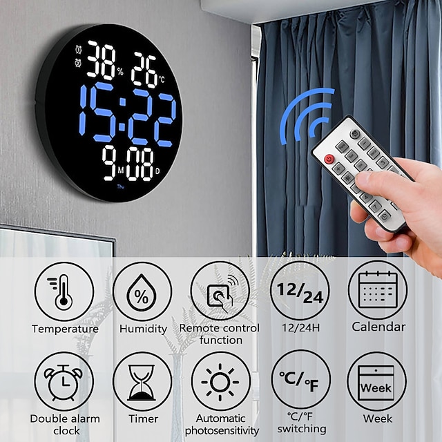  LED Digital Wall Clock Large Screen Silent Temperature Date Day Display Timing Electronic Clock Calendar Mounted Alarm Dining Room Decor with Remote