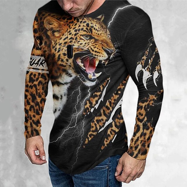 Men's Graphic Animal Leopard T Shirt Tee Long Sleeve T shirt 3D Print Crew Neck Shirt Vintage Fashion Designer Outdoor Casual Daily Brown Spring &  Fall Clothing Apparel S M L XL 2XL 3XL2