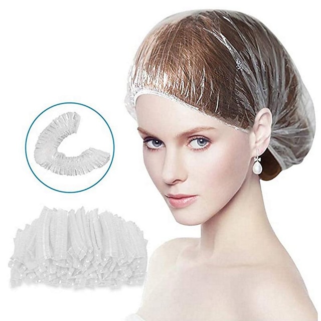 100pcs Disposable Shower Caps,MultiPurpose Thickening Elastic Bath Cap Plastic Waterproof Clear