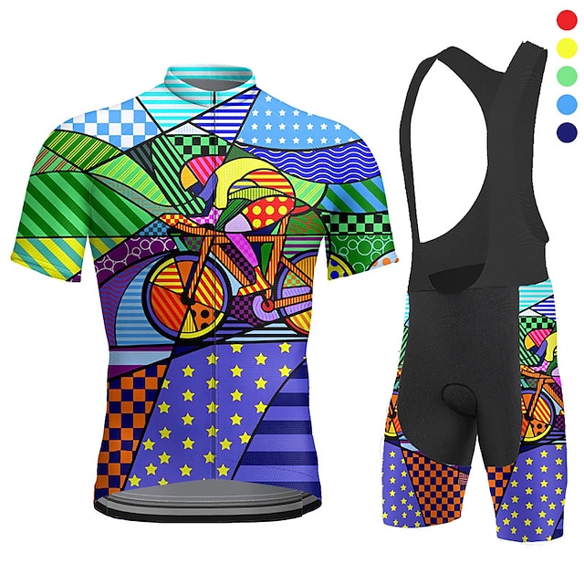  21Grams Men's Cycling Jersey with Bib Shorts Short Sleeve Mountain Bike MTB Road Bike Cycling Yellow Pink Dark Purple Graphic Geometic Bike Clothing Suit 3D Pad Breathable Moisture Wicking Quick Dry