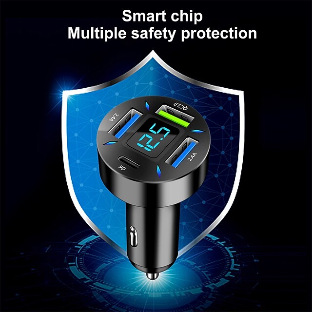 66W 4 Ports Fast Charging Adapter 1224V LED Digital Display Portable