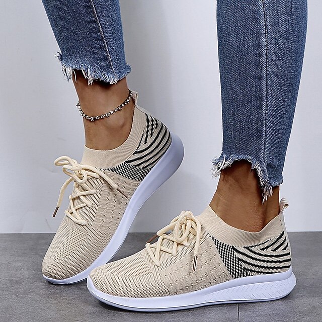 Dames Platte schoenen Grote maten Veters Platte hak Ronde Teen Casual  Vliegende weven Leegloper Effen Kleur Zwart Rood Beige 9454461 2023 – $21.99