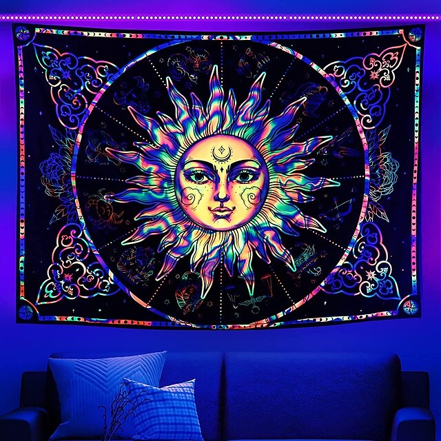 Trippy Tarot Light Wall Tapestry Uv Reactive Psychedelic Burning Sun Art Decor Wall Hanging Home