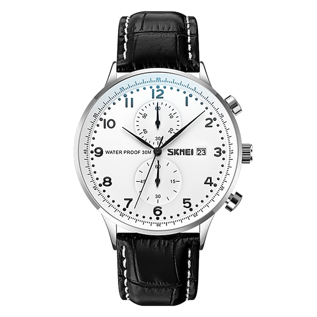  SKMEI Casual Stopwatch Quartz Watches Mens Top Brand Luxury Genuine Leather Strap Waterproof Date Wristwatch
