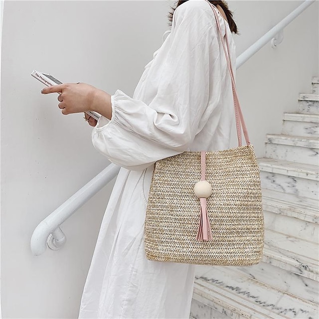  Women's Shoulder Bag Beach Bag Straw Bag Straw Shopping Daily Large Capacity Waterproof Breathable Solid Color Pink Fuchsia Brown