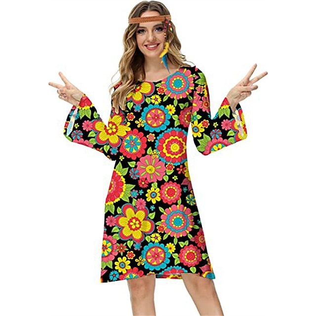 Retro Antiguo Años 70 Disco Vestidos Manga de la llamarada Hippie Estampado Mujer Mascarada Fiesta y Noche Desfile del orgullo Mes del Orgullo Adulto Vestido