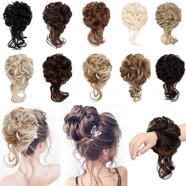  1Pcs Messy Hair Bun Hair Scrunchies Extension Curly Wavy Messy Synthetic Chignon with Elastic Rubber Band for Women Updo Tousled Hairpiece