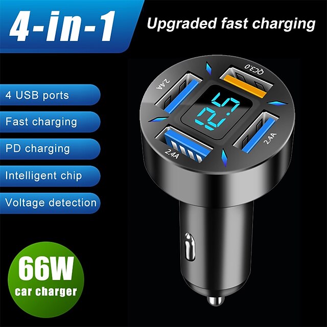 66W 4 Ports Fast Charging Adapter 1224V LED Digital Display Portable
