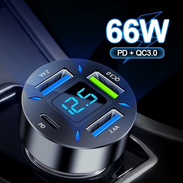  66W 4 Ports Fast Charging Adapter 12-24V LED Digital Display Portable Car Phone Charger Adapter For iPhone Huawei Xmi Samsung