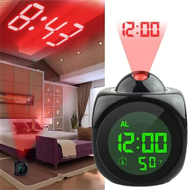 Digital Projection Alarm Clock Home Multifunction Voice Talking Alarm Clock LCD Display with Electronic Thermometer Time Wall Ceiling Projection 9