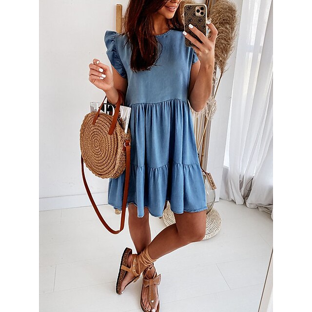  Women's Denim Dress Swing Dress Denim Mini Dress Outdoor Daily Fashion Casual Ruched Smocked Crew Neck Summer Spring Fall Short Sleeve Loose Fit 2023 Blue Plain S M L XL