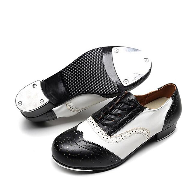 Men's Black and White Oxford Tap Dance Shoes – Classic Faux Leather Lace-Up Shoes with Metal Plates for Professional Performances 11