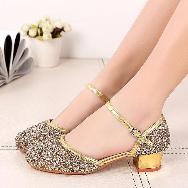  Girls' Ballroom Dance Shoes Modern Shoes Performance Party Stage Heel Glitter Low Heel Thick Heel Silver Purple Gold