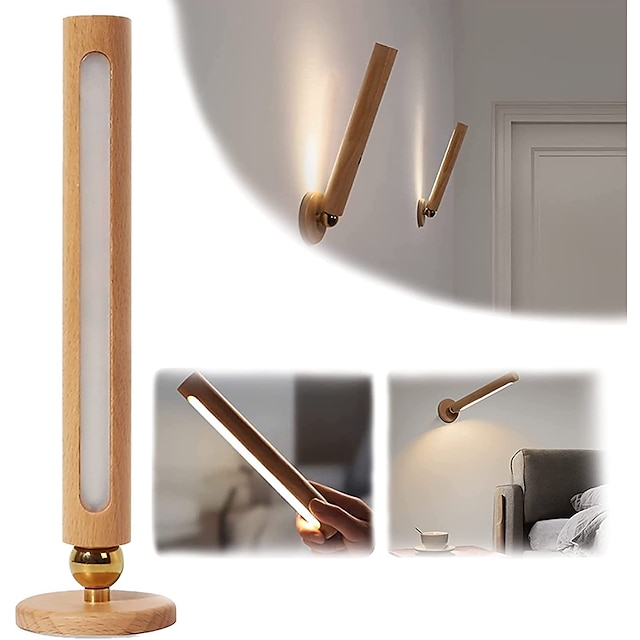  led wandlamp hout 360° draaibaar magnetisch afneembaar en traploos dimmen oplaadbare wandlamp, usb nachtlamp is voor slaapkamer woonkamer
