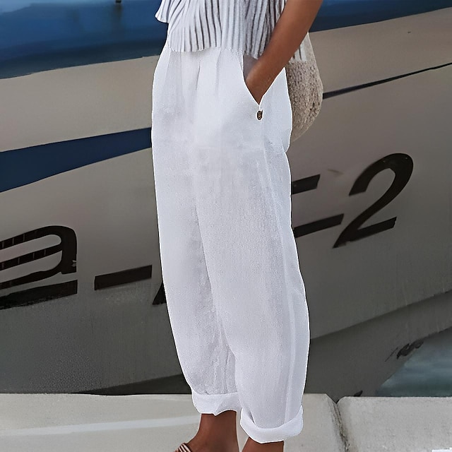  Women's Plus Size Loungewear Pants Pure Color Linen Casual Wear for Spring Summer White Blue S 4XL