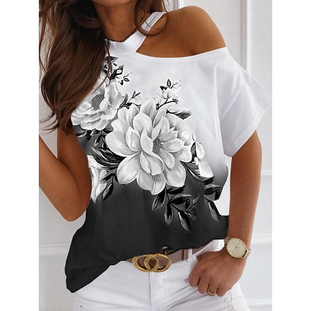  Damen T Shirt Weiß Ausgeschnitten Bedruckt Blumen Casual Festtage Kurzarm Rundhalsausschnitt Basic Standard Blume S