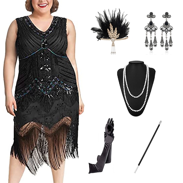  Roaring 20s 1920s Cocktail Dress Vintage Dress Flapper Dress Cocktail Dress Accesories Set The Great Gatsby Women's Sequins Tassel Fringe Plus Size Masquerade Party / Evening Prom Dress