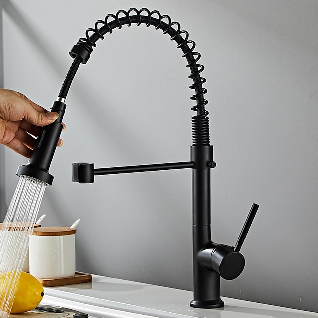  Baterie neagră pentru chiuvetă de bucătărie tragă în jos, robinete pentru vas cu arc pivotant la 360° cu 2 moduri, robinete de bucătărie din alamă cu un singur mâner.