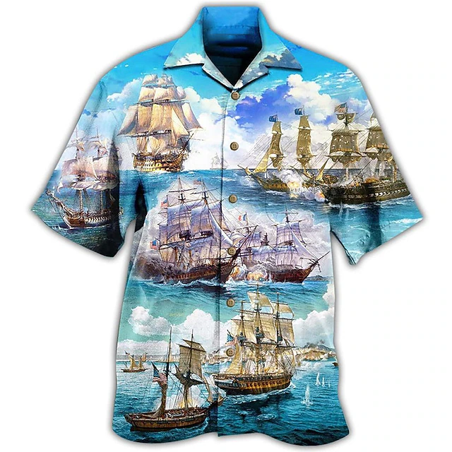 Men's Boat Seascape Pattern Shirt Summer Hawaiian Shirt Aloha Shirt Short Sleeve Shirt Cuban Collar Tropical Fashion Streetwear Casual Hawaiian Holiday Black White Yellow S M L 8
