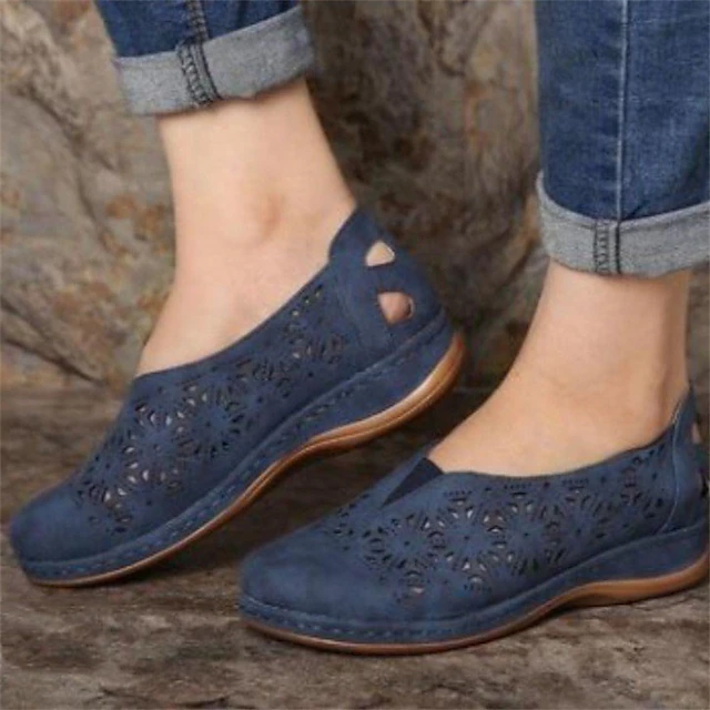 Women's Blue Slip-On Comfort Shoes with Hollow Floral Cutouts, Wide Fit Soft Sole Flats for Walking, Travel, and Casual Daily Wear 6