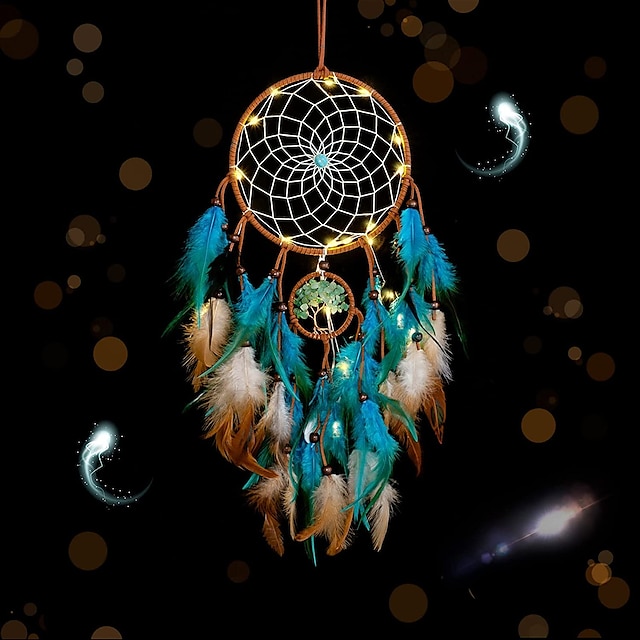  Dream Catcher for Wall Decor Blue Feather with Fairy Light Holiday Bedroom Home Wedding Decoration Birthday Party Blessing Gift